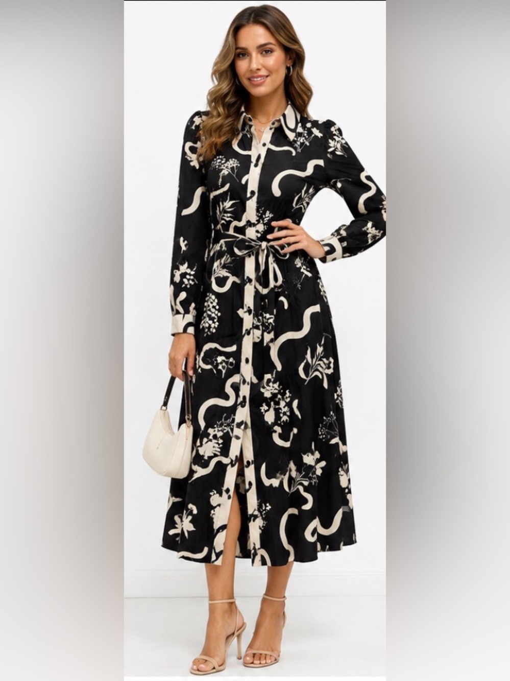 Endless Moon Black Ivory Botanical Belted Shirt Midi Dress NWT Small